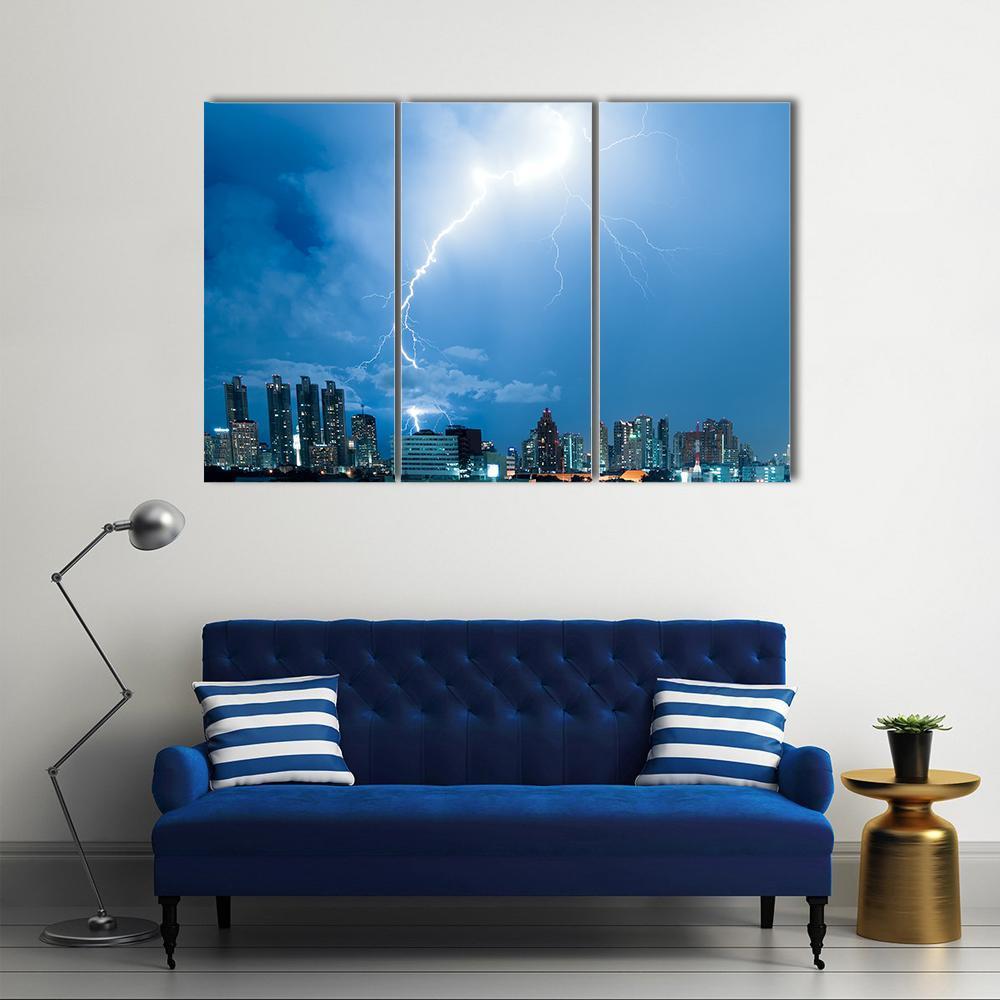 Real Lightning Bolt Strike In A City Canvas Wall Art-3 Horizontal-Gallery Wrap-37" x 24"-Tiaracle