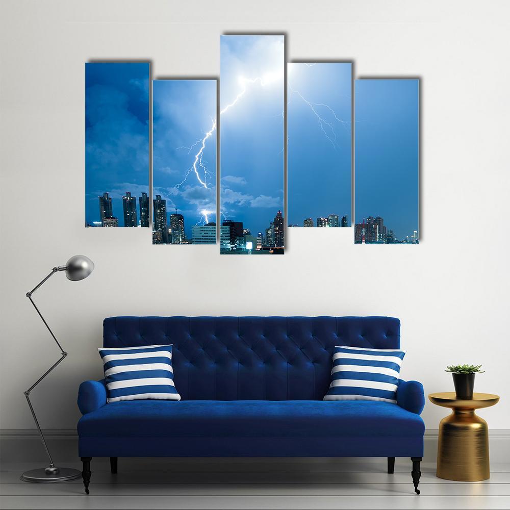 Real Lightning Bolt Strike In A City Canvas Wall Art-5 Pop-Gallery Wrap-47" x 32"-Tiaracle