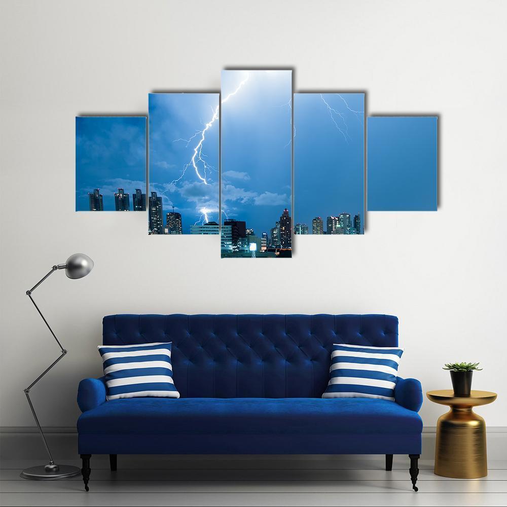 Real Lightning Bolt Strike In A City Canvas Wall Art-5 Star-Gallery Wrap-62" x 32"-Tiaracle