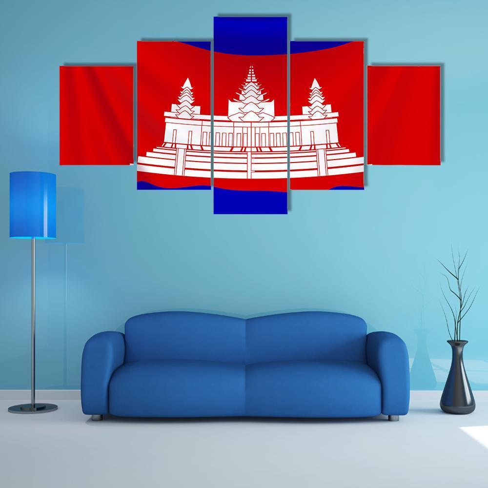 Realistic Flag Of Cambodia Canvas Wall Art-5 Star-Gallery Wrap-62" x 32"-Tiaracle