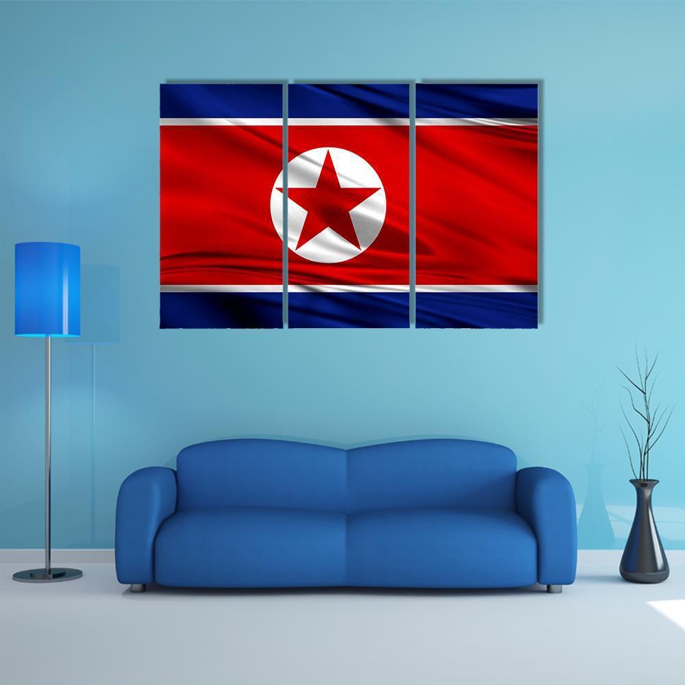 Realistic Flag Of North Korea Canvas Wall Art-3 Horizontal-Gallery Wrap-37" x 24"-Tiaracle