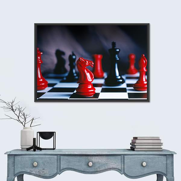 Red And Black Chess Pieces And Board Canvas Wall Art-1 Piece-Floating Frame-24" x 16"-Tiaracle