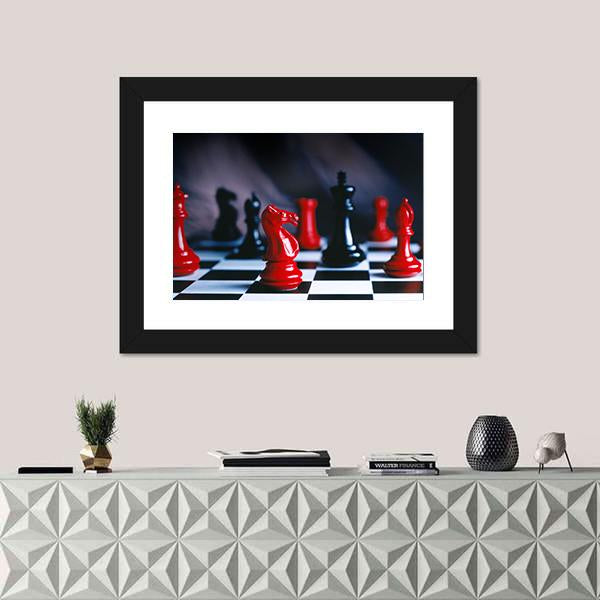 Red And Black Chess Pieces And Board Canvas Wall Art-1 Piece-Framed Print-20" x 16"-Tiaracle