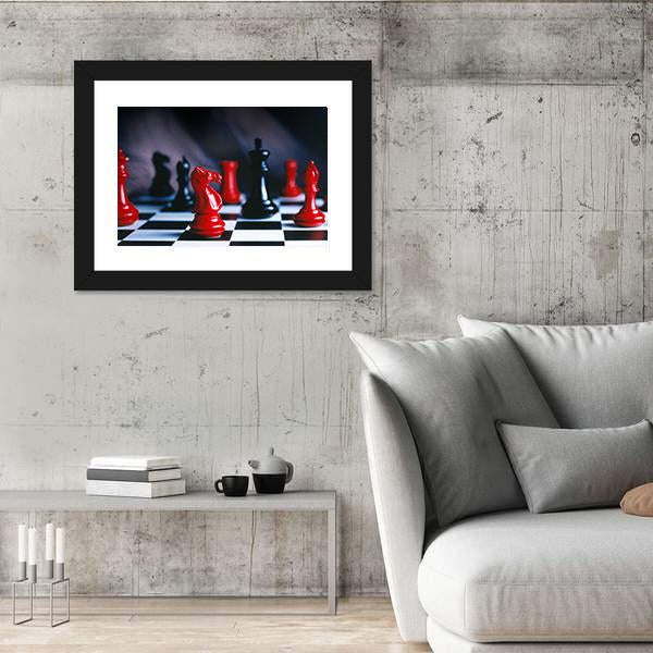 Red And Black Chess Pieces And Board Canvas Wall Art-3 Horizontal-Gallery Wrap-25" x 16"-Tiaracle