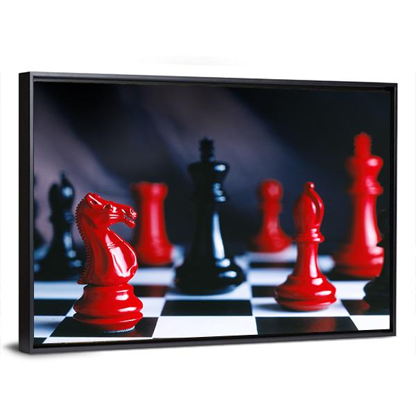 Red And Black Chess Pieces And Board Canvas Wall Art-3 Horizontal-Gallery Wrap-25" x 16"-Tiaracle