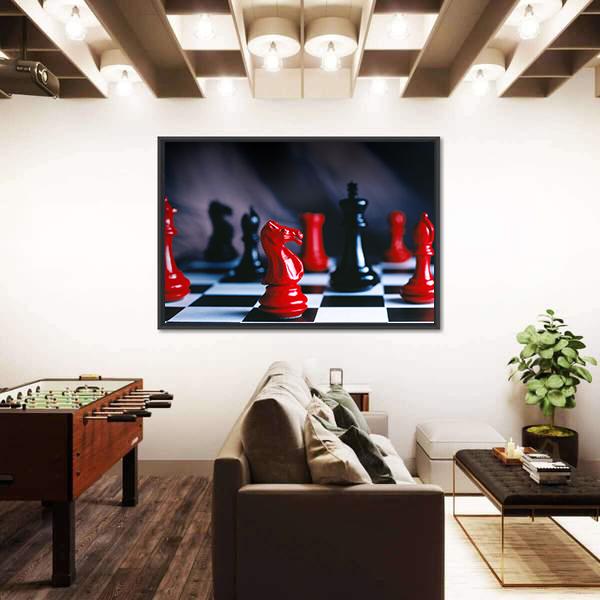 Red And Black Chess Pieces And Board Canvas Wall Art-3 Horizontal-Gallery Wrap-25" x 16"-Tiaracle