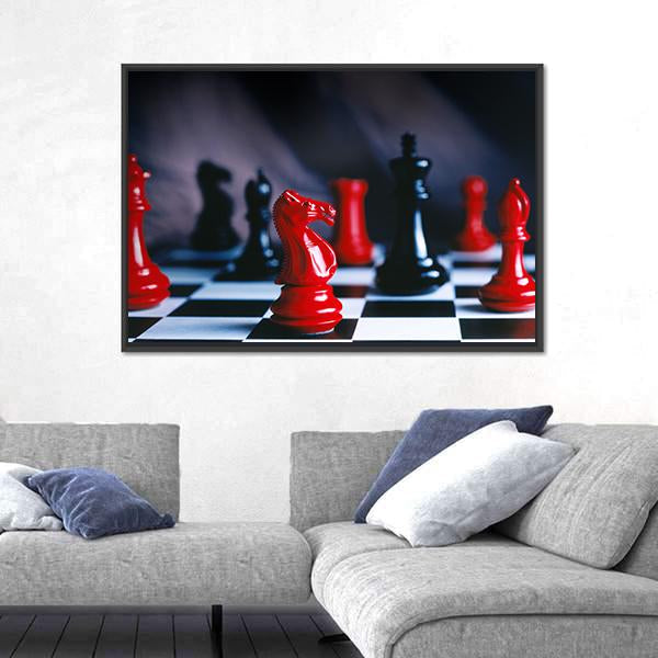 Red And Black Chess Pieces And Board Canvas Wall Art-3 Horizontal-Gallery Wrap-25" x 16"-Tiaracle