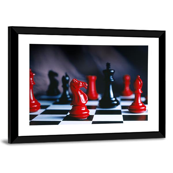 Red And Black Chess Pieces And Board Canvas Wall Art-3 Horizontal-Gallery Wrap-25" x 16"-Tiaracle