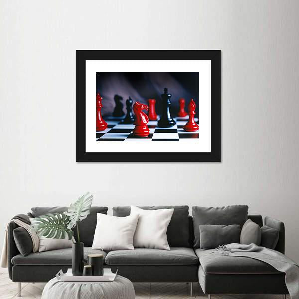 Red And Black Chess Pieces And Board Canvas Wall Art-3 Horizontal-Gallery Wrap-25" x 16"-Tiaracle