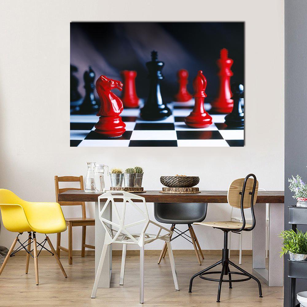 Red And Black Chess Pieces And Board Canvas Wall Art-1 Piece-Gallery Wrap-48" x 32"-Tiaracle