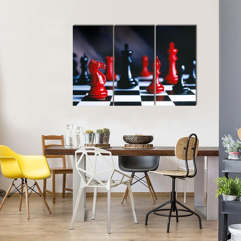 Red And Black Chess Pieces And Board Canvas Wall Art-3 Horizontal-Gallery Wrap-37" x 24"-Tiaracle