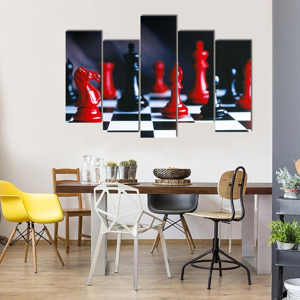 Red And Black Chess Pieces And Board Canvas Wall Art-5 Pop-Gallery Wrap-47" x 32"-Tiaracle