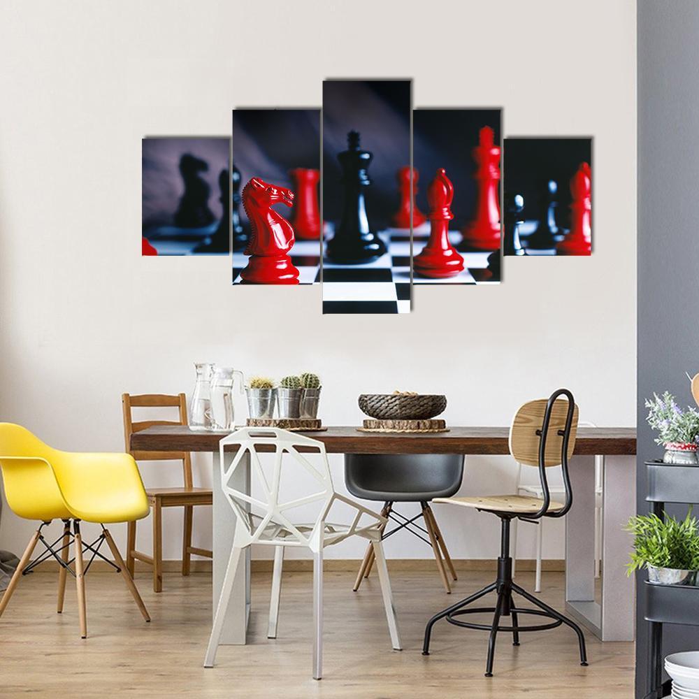 Red And Black Chess Pieces And Board Canvas Wall Art-5 Star-Gallery Wrap-62" x 32"-Tiaracle