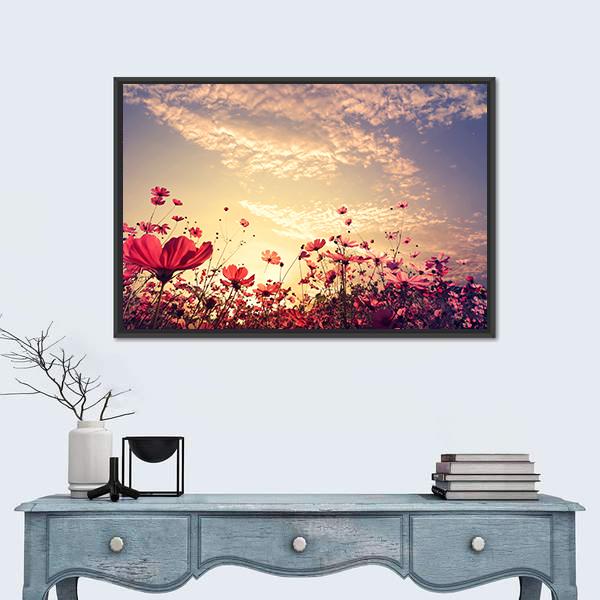 Red Cosmos Flower Field With Sunshine Canvas Wall Art-1 Piece-Floating Frame-24" x 16"-Tiaracle