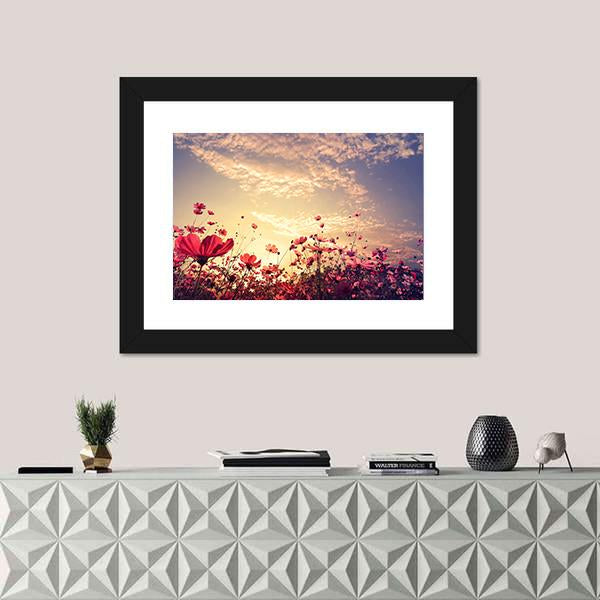 Red Cosmos Flower Field With Sunshine Canvas Wall Art-1 Piece-Framed Print-20" x 16"-Tiaracle