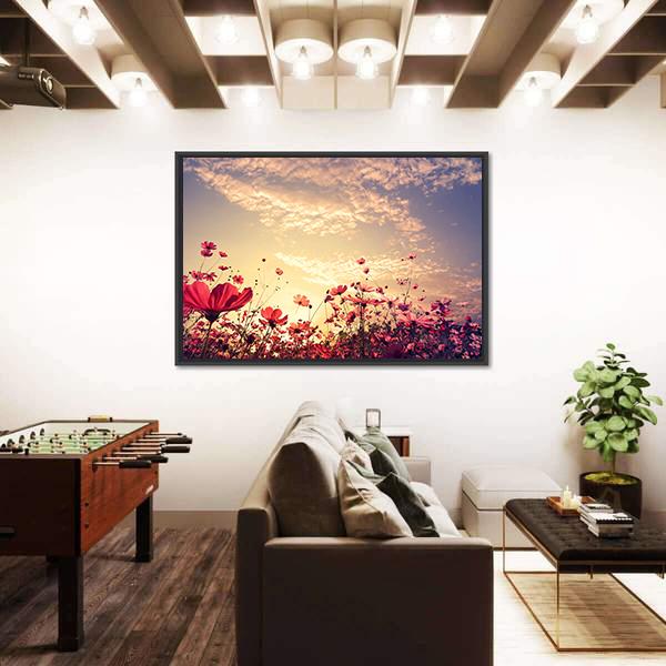 Red Cosmos Flower Field With Sunshine Canvas Wall Art-3 Horizontal-Gallery Wrap-25" x 16"-Tiaracle