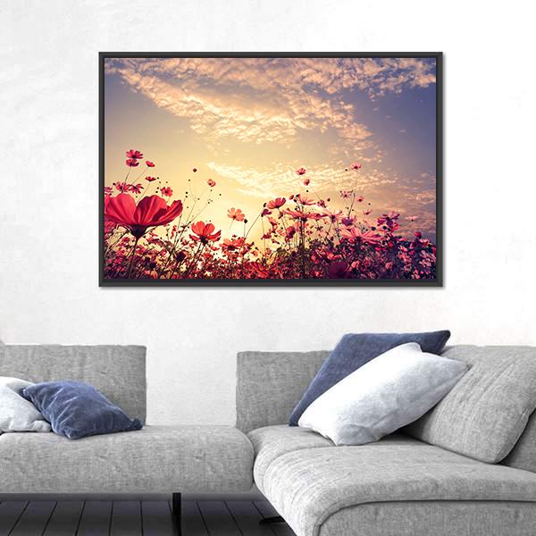 Red Cosmos Flower Field With Sunshine Canvas Wall Art-3 Horizontal-Gallery Wrap-25" x 16"-Tiaracle