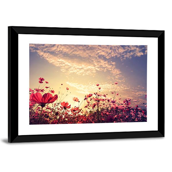 Red Cosmos Flower Field With Sunshine Canvas Wall Art-3 Horizontal-Gallery Wrap-25" x 16"-Tiaracle