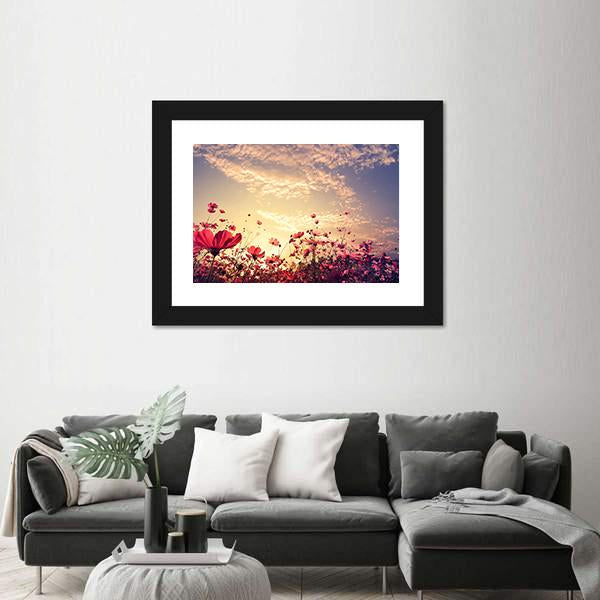 Red Cosmos Flower Field With Sunshine Canvas Wall Art-3 Horizontal-Gallery Wrap-25" x 16"-Tiaracle