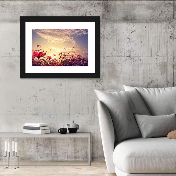 Red Cosmos Flower Field With Sunshine Canvas Wall Art-3 Horizontal-Gallery Wrap-25" x 16"-Tiaracle