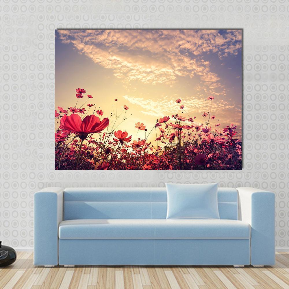 Red Cosmos Flower Field With Sunshine Canvas Wall Art-1 Piece-Gallery Wrap-48" x 32"-Tiaracle