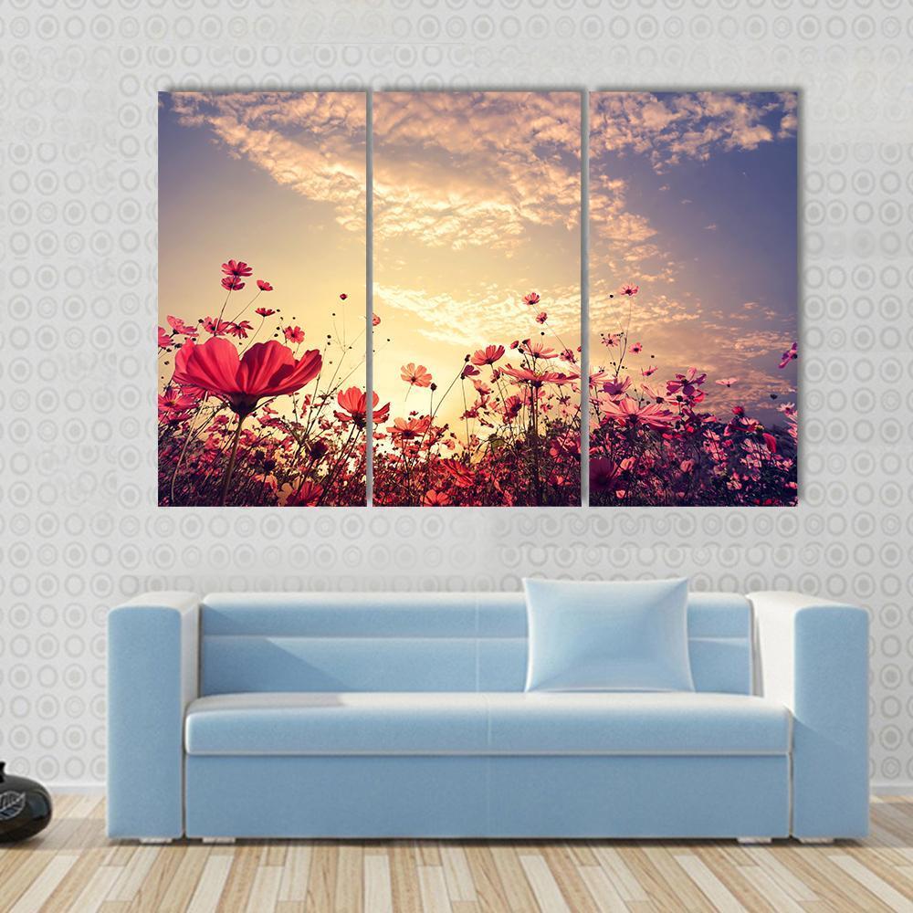 Red Cosmos Flower Field With Sunshine Canvas Wall Art-3 Horizontal-Gallery Wrap-37" x 24"-Tiaracle