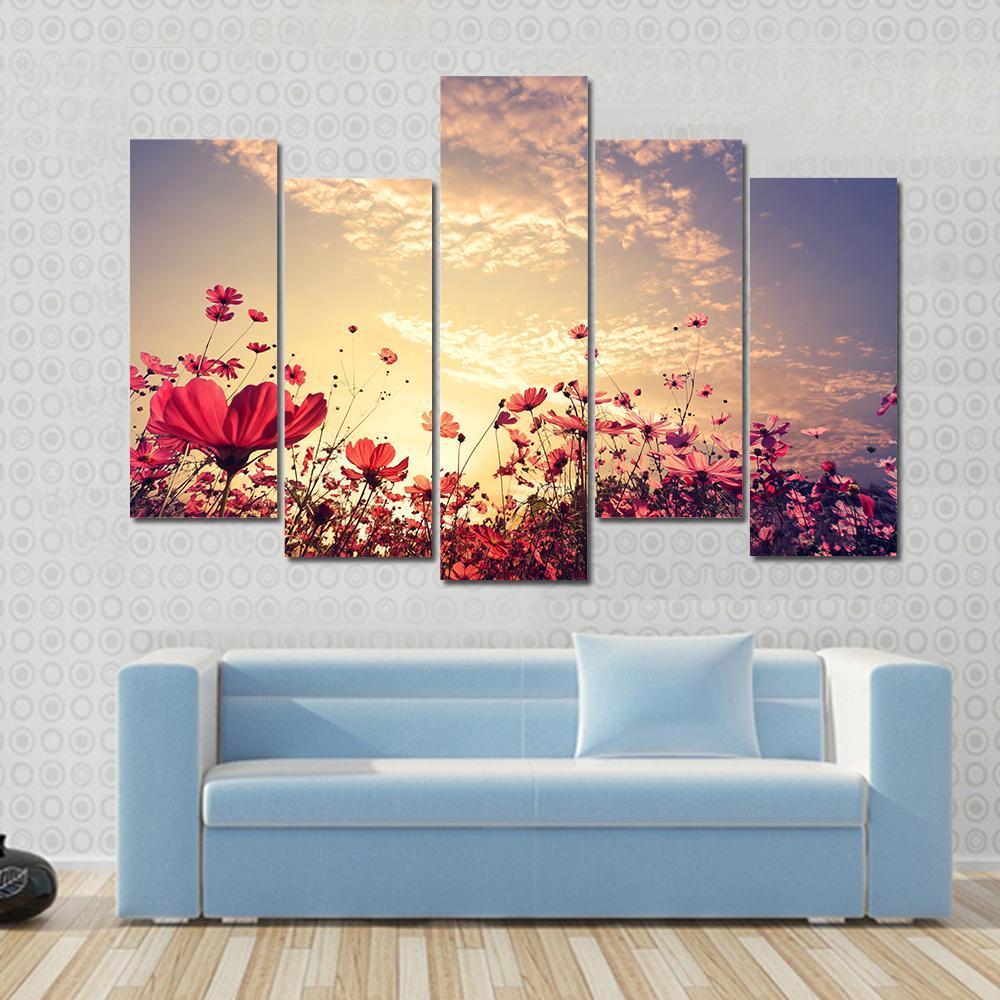 Red Cosmos Flower Field With Sunshine Canvas Wall Art-5 Pop-Gallery Wrap-47" x 32"-Tiaracle