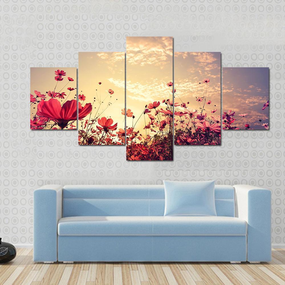 Red Cosmos Flower Field With Sunshine Canvas Wall Art-5 Star-Gallery Wrap-62" x 32"-Tiaracle