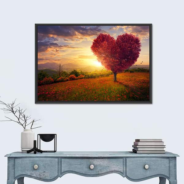 Red Heart Shaped Tree At Sunset Canvas Wall Art-1 Piece-Floating Frame-24" x 16"-Tiaracle