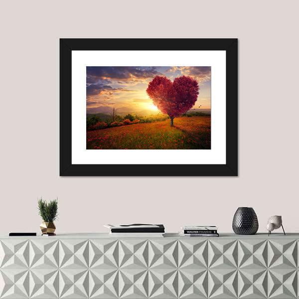 Red Heart Shaped Tree At Sunset Canvas Wall Art-1 Piece-Framed Print-20" x 16"-Tiaracle