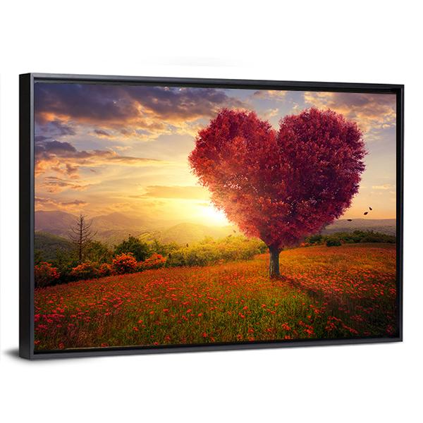 Red Heart Shaped Tree At Sunset Canvas Wall Art-3 Horizontal-Gallery Wrap-25" x 16"-Tiaracle