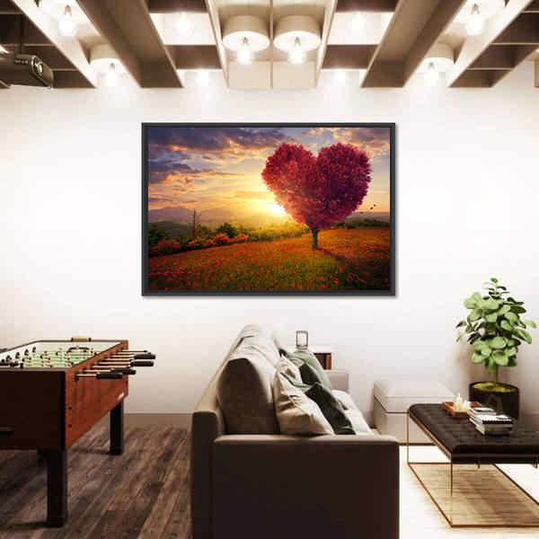 Red Heart Shaped Tree At Sunset Canvas Wall Art-3 Horizontal-Gallery Wrap-25" x 16"-Tiaracle