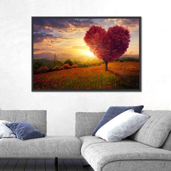 Red Heart Shaped Tree At Sunset Canvas Wall Art-3 Horizontal-Gallery Wrap-25" x 16"-Tiaracle