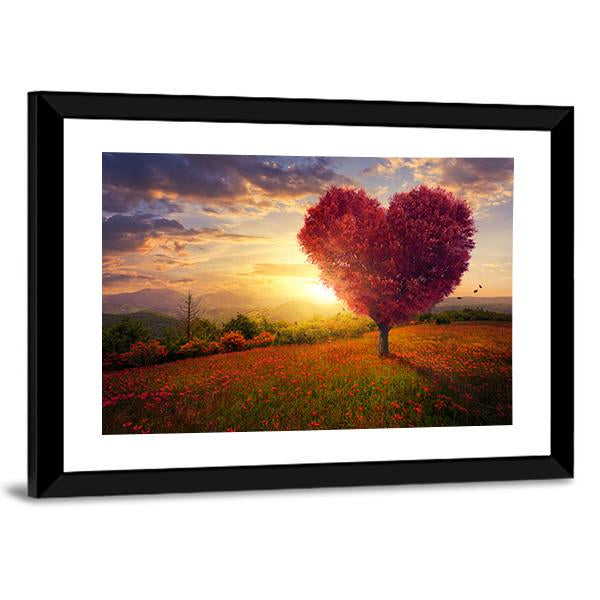 Red Heart Shaped Tree At Sunset Canvas Wall Art-3 Horizontal-Gallery Wrap-25" x 16"-Tiaracle