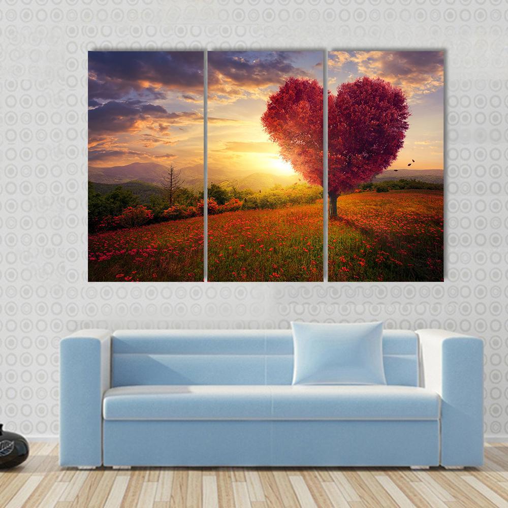 Red Heart Shaped Tree At Sunset Canvas Wall Art-3 Horizontal-Gallery Wrap-37" x 24"-Tiaracle