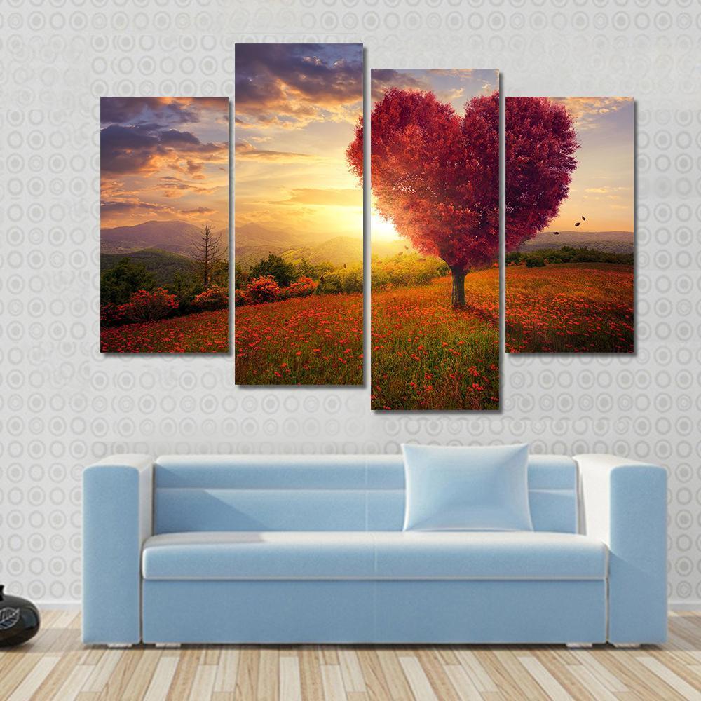 Red Heart Shaped Tree At Sunset Canvas Wall Art-4 Pop-Gallery Wrap-50" x 32"-Tiaracle