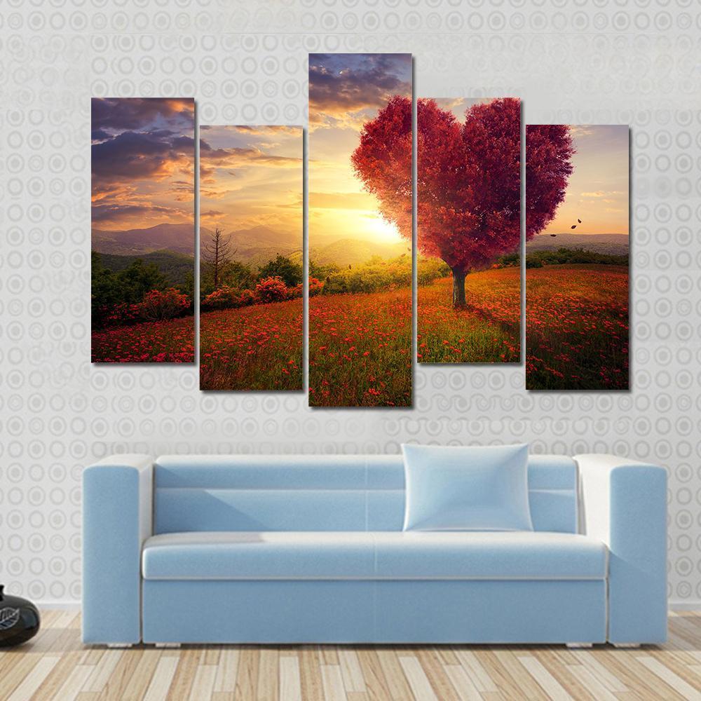 Red Heart Shaped Tree At Sunset Canvas Wall Art-5 Pop-Gallery Wrap-47" x 32"-Tiaracle