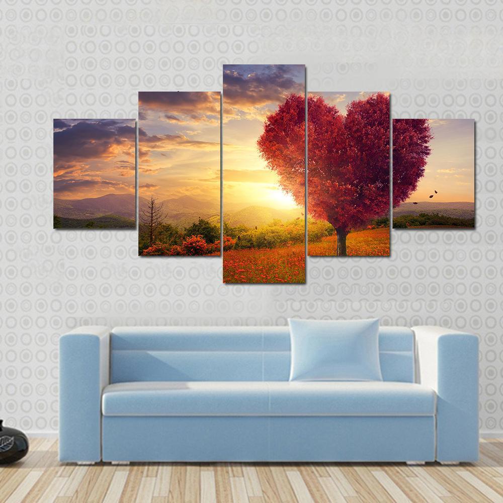 Red Heart Shaped Tree At Sunset Canvas Wall Art-5 Star-Gallery Wrap-62" x 32"-Tiaracle