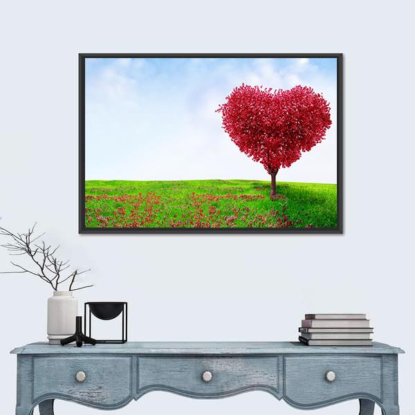 Red Love Tree In Summer Canvas Wall Art-1 Piece-Floating Frame-24" x 16"-Tiaracle