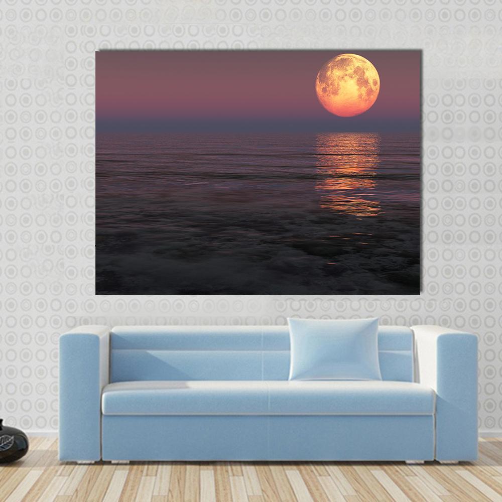 Red Moon Over The Sea Canvas Wall Art-1 Piece-Gallery Wrap-48" x 32"-Tiaracle