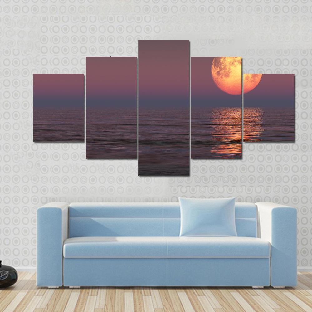 Red Moon Over The Sea Canvas Wall Art-5 Star-Gallery Wrap-62" x 32"-Tiaracle