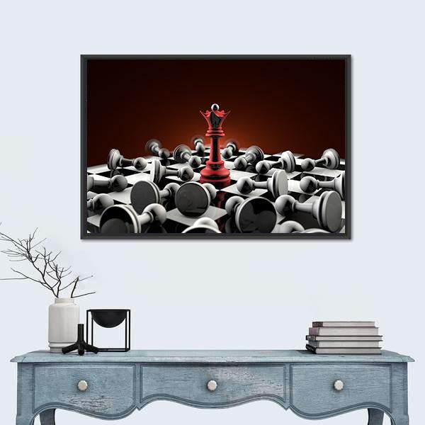 Red Queen And Gray Pawn Chess Canvas Wall Art-1 Piece-Floating Frame-24" x 16"-Tiaracle