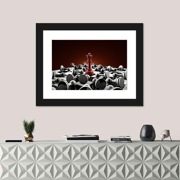 Red Queen And Gray Pawn Chess Canvas Wall Art-1 Piece-Framed Print-20" x 16"-Tiaracle