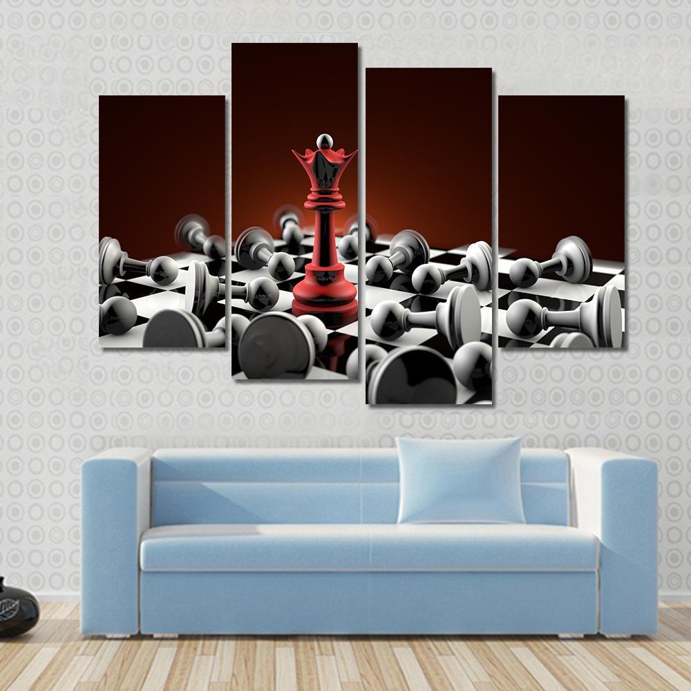 Red Queen And Gray Pawn Chess Canvas Wall Art-4 Pop-Gallery Wrap-50" x 32"-Tiaracle