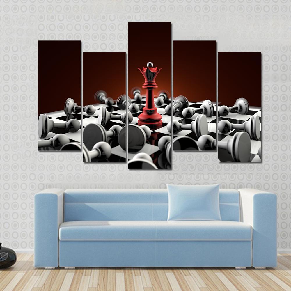 Red Queen And Gray Pawn Chess Canvas Wall Art-5 Pop-Gallery Wrap-47" x 32"-Tiaracle