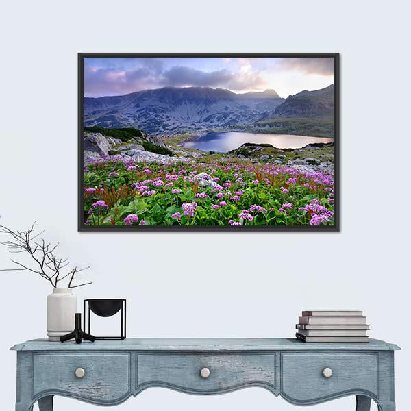 Retezat National Park With Lake On Mountain And Flowers Romania Canvas Wall Art-1 Piece-Floating Frame-24" x 16"-Tiaracle