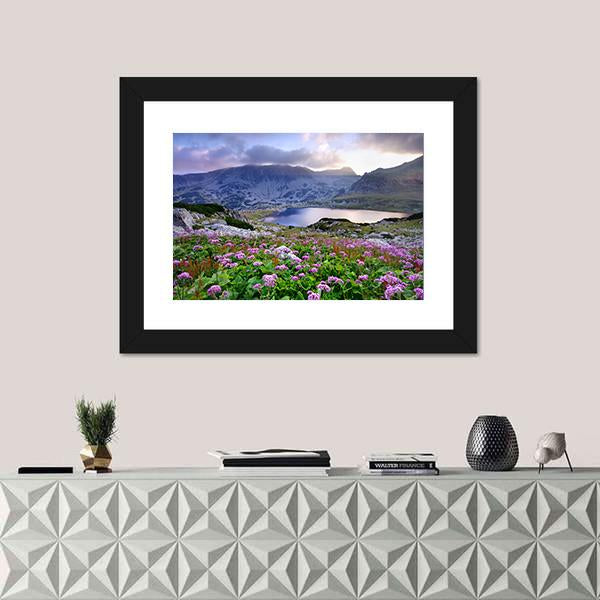 Retezat National Park With Lake On Mountain And Flowers Romania Canvas Wall Art-1 Piece-Framed Print-20" x 16"-Tiaracle