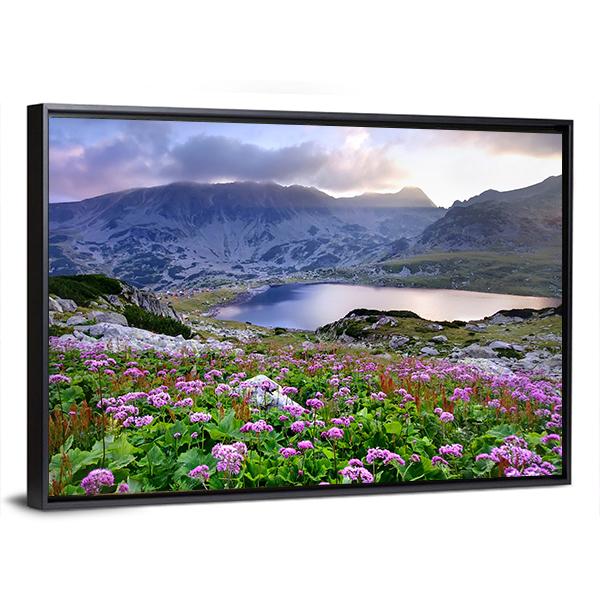 Retezat National Park With Lake On Mountain And Flowers Romania Canvas Wall Art-3 Horizontal-Gallery Wrap-25" x 16"-Tiaracle