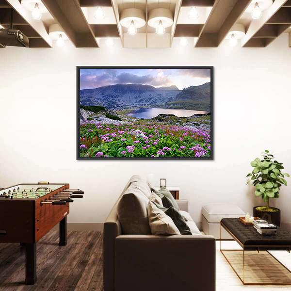 Retezat National Park With Lake On Mountain And Flowers Romania Canvas Wall Art-3 Horizontal-Gallery Wrap-25" x 16"-Tiaracle