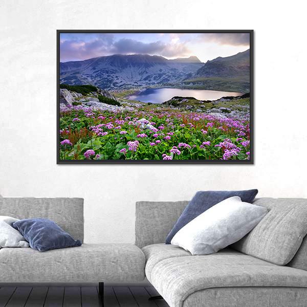 Retezat National Park With Lake On Mountain And Flowers Romania Canvas Wall Art-3 Horizontal-Gallery Wrap-25" x 16"-Tiaracle